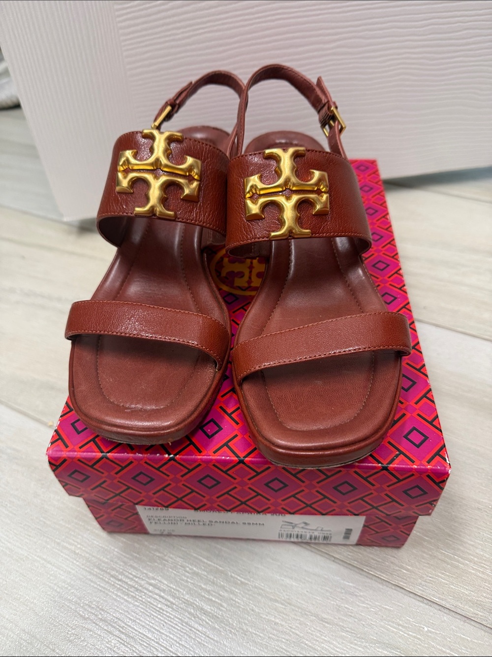 Tory Burch Chestnut Leather Slingback Sandals with Gold Logo